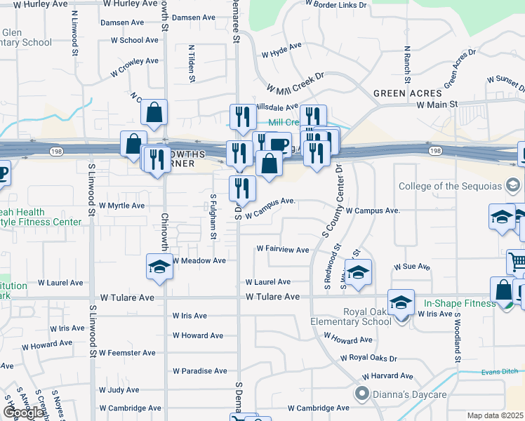 map of restaurants, bars, coffee shops, grocery stores, and more near 3545 West Campus Avenue in Visalia