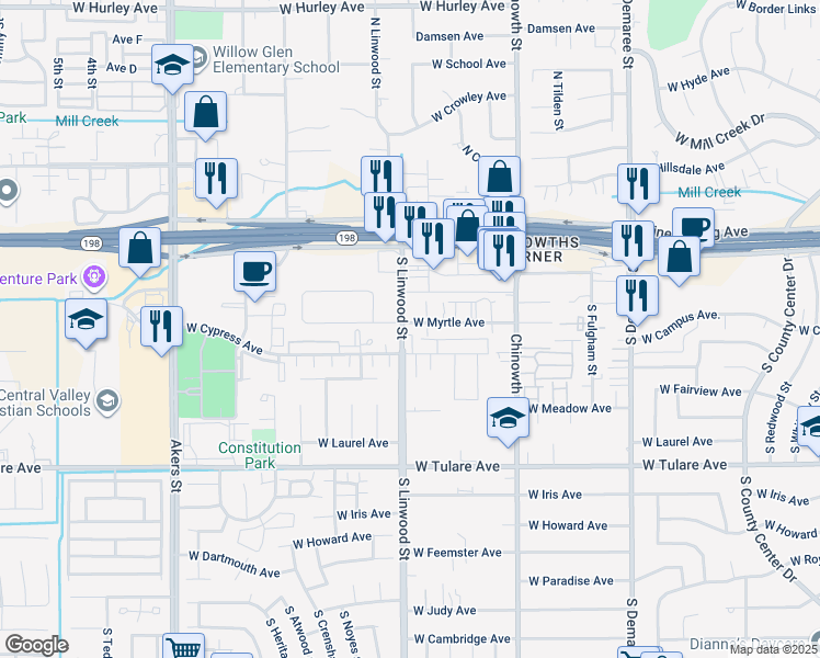 map of restaurants, bars, coffee shops, grocery stores, and more near 700 South Linwood Street in Visalia