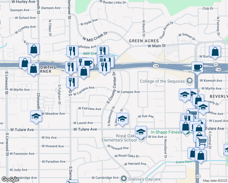 map of restaurants, bars, coffee shops, grocery stores, and more near South County Center Drive & West Campus Avenue in Visalia