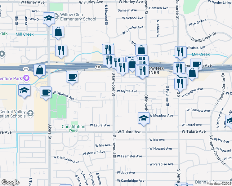 map of restaurants, bars, coffee shops, grocery stores, and more near 4414 West Cypress Avenue in Visalia
