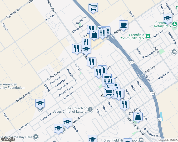 map of restaurants, bars, coffee shops, grocery stores, and more near 433 9th Street in Greenfield