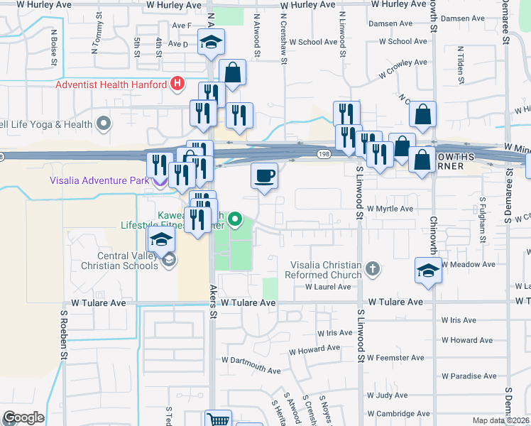 map of restaurants, bars, coffee shops, grocery stores, and more near 5000 West Cypress Avenue in Visalia