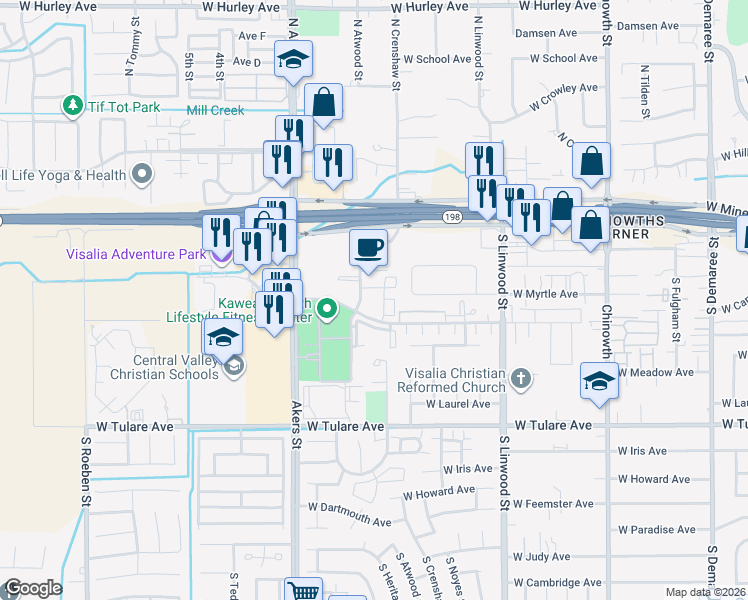 map of restaurants, bars, coffee shops, grocery stores, and more near 5000 West Cypress Avenue in Visalia