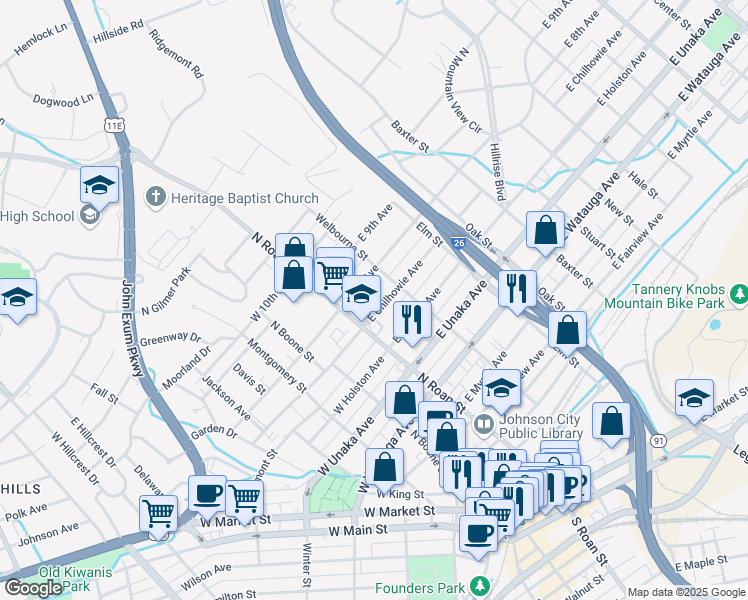 map of restaurants, bars, coffee shops, grocery stores, and more near 1000 North Roan Street in Johnson City