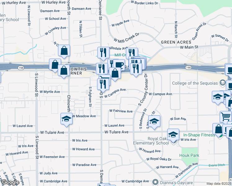 map of restaurants, bars, coffee shops, grocery stores, and more near 3515 West Campus Avenue in Visalia