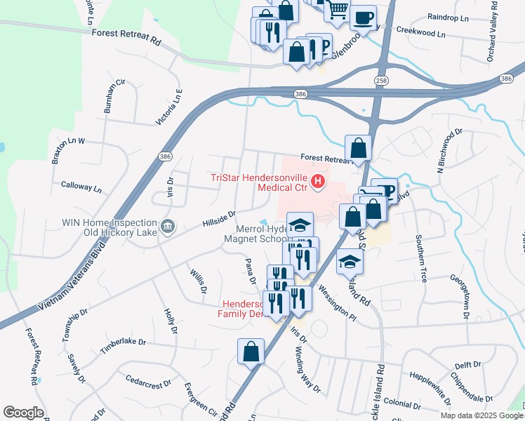 map of restaurants, bars, coffee shops, grocery stores, and more near 125 Hillside Drive in Hendersonville