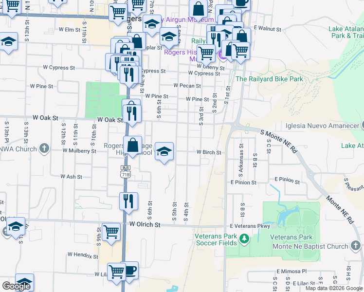 map of restaurants, bars, coffee shops, grocery stores, and more near 1016 South 4th Street in Rogers