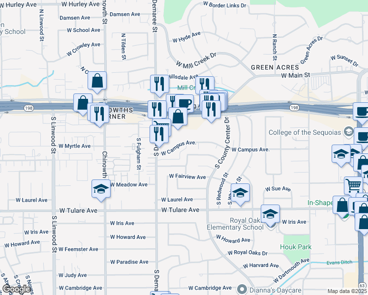map of restaurants, bars, coffee shops, grocery stores, and more near 3505 West Campus Avenue in Visalia