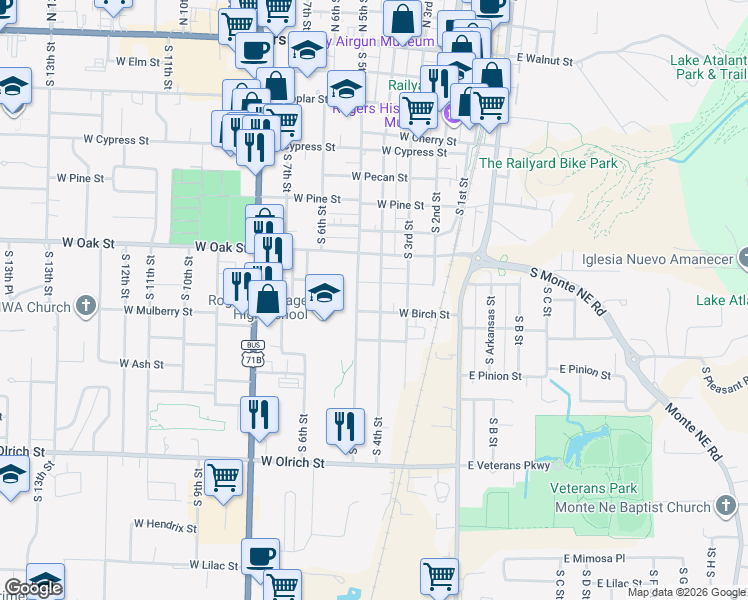map of restaurants, bars, coffee shops, grocery stores, and more near 1016 South 4th Street in Rogers