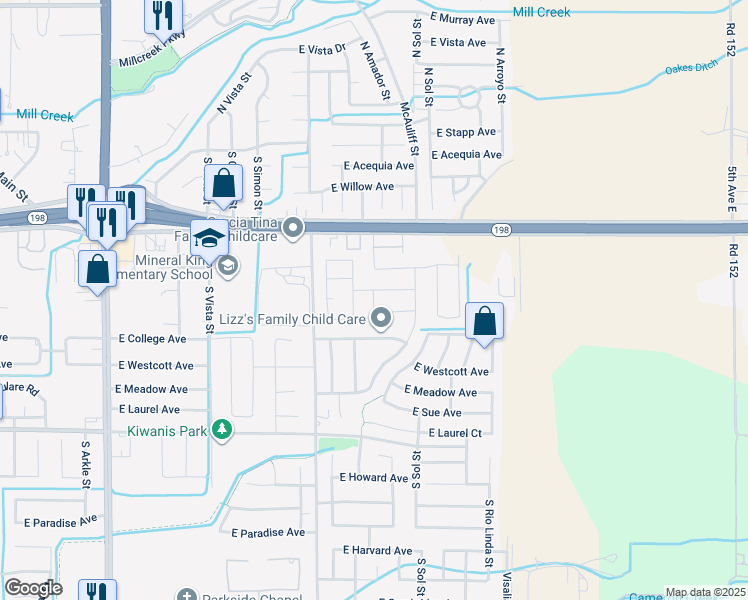 map of restaurants, bars, coffee shops, grocery stores, and more near Belmont Road in Visalia