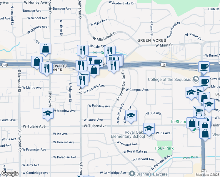 map of restaurants, bars, coffee shops, grocery stores, and more near 3330 West Cypress Avenue in Visalia