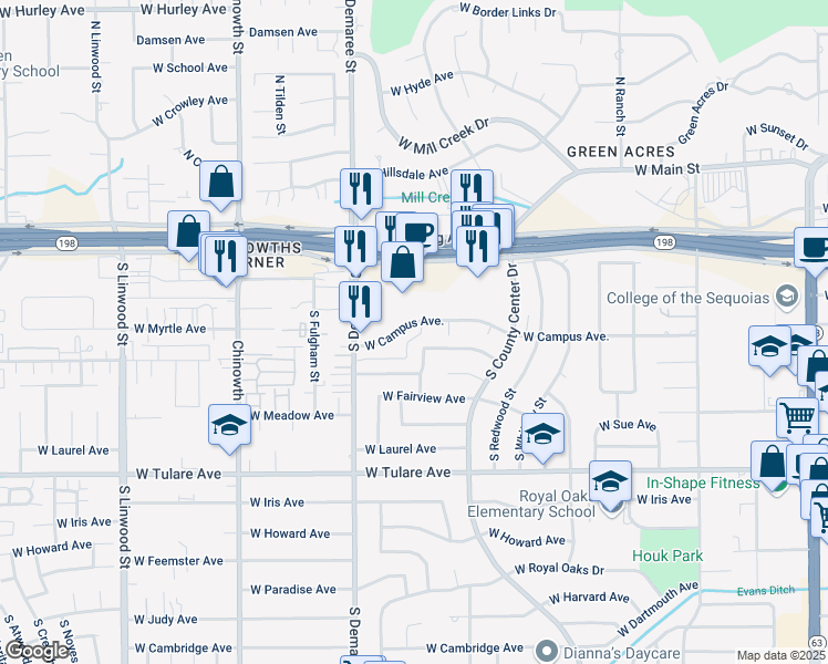 map of restaurants, bars, coffee shops, grocery stores, and more near 3434 West Cypress Avenue in Visalia