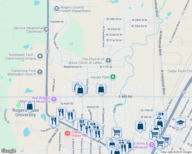 map of restaurants, bars, coffee shops, grocery stores, and more near 1407 Paradise Lane in Claremore