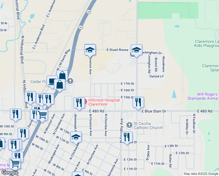map of restaurants, bars, coffee shops, grocery stores, and more near 1504 North Choctaw Place in Claremore