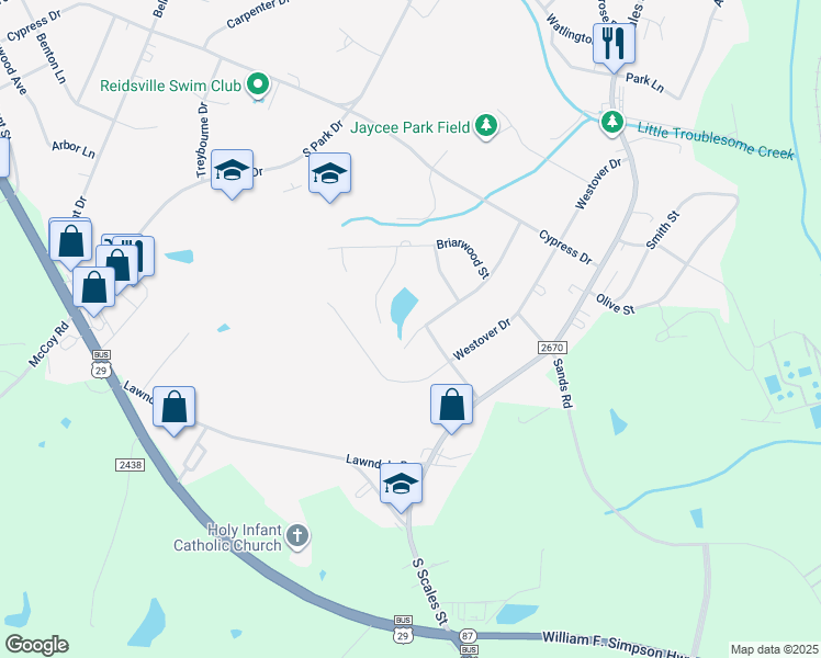 map of restaurants, bars, coffee shops, grocery stores, and more near 2604 Lemar Drive in Reidsville