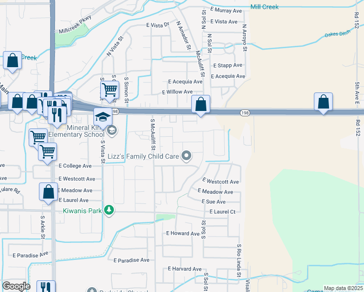 map of restaurants, bars, coffee shops, grocery stores, and more near 636 South Elverta Street in Visalia