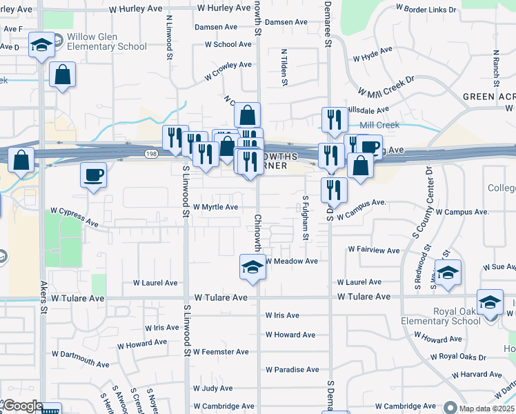 map of restaurants, bars, coffee shops, grocery stores, and more near 730 Chinowth Street in Visalia