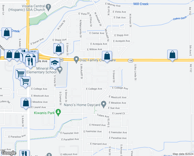 map of restaurants, bars, coffee shops, grocery stores, and more near 636 South Elverta Street in Visalia