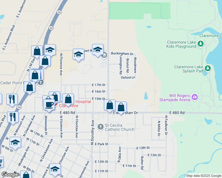 map of restaurants, bars, coffee shops, grocery stores, and more near 1515 South 4160 Road in Claremore