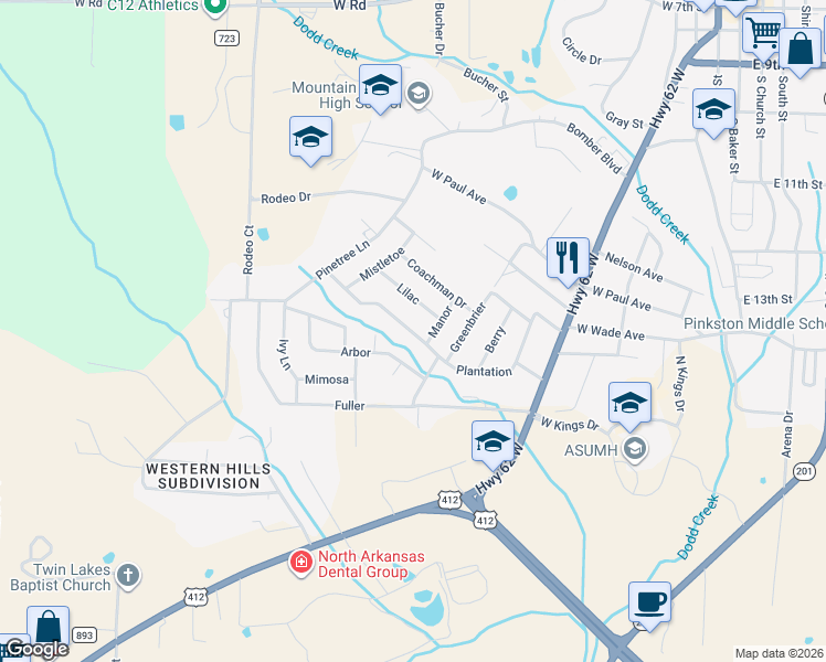 map of restaurants, bars, coffee shops, grocery stores, and more near 1705 Plantation in Mountain Home
