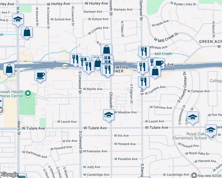 map of restaurants, bars, coffee shops, grocery stores, and more near 1119 Chinowth Street in Visalia