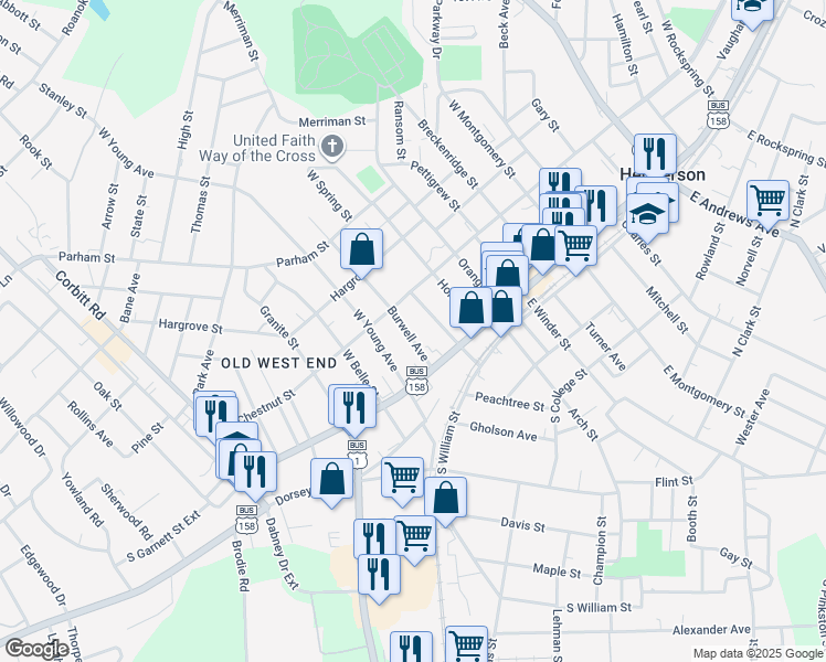 map of restaurants, bars, coffee shops, grocery stores, and more near 146 Burwell Avenue in Henderson