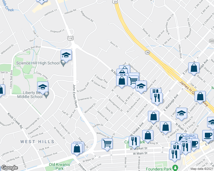 map of restaurants, bars, coffee shops, grocery stores, and more near 201 East Gilmer Park in Johnson City