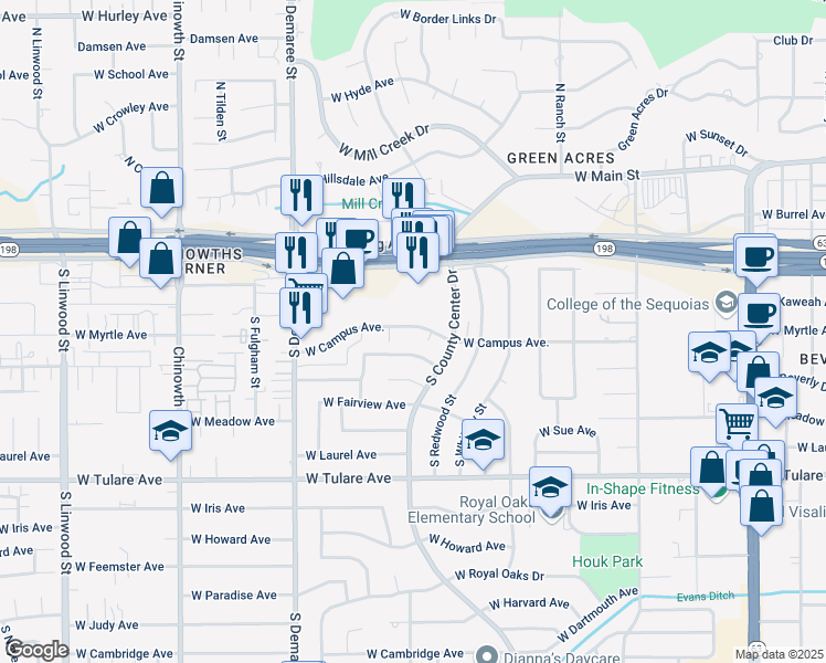 map of restaurants, bars, coffee shops, grocery stores, and more near 3239 West Campus Avenue in Visalia