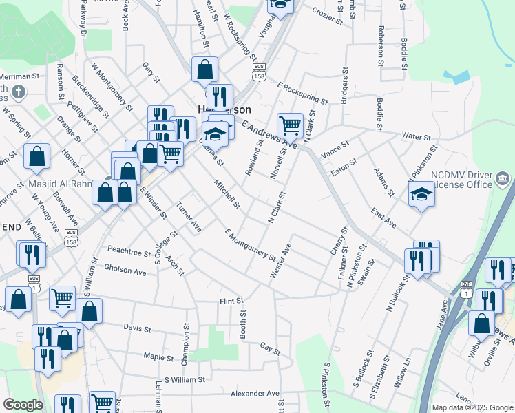 map of restaurants, bars, coffee shops, grocery stores, and more near 128 Harrison Avenue in Henderson