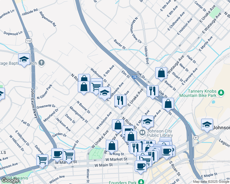map of restaurants, bars, coffee shops, grocery stores, and more near 115 East Holston Avenue in Johnson City