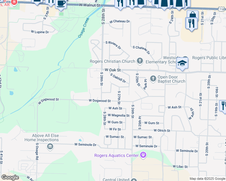 map of restaurants, bars, coffee shops, grocery stores, and more near 2727 West White Oak Drive in Rogers