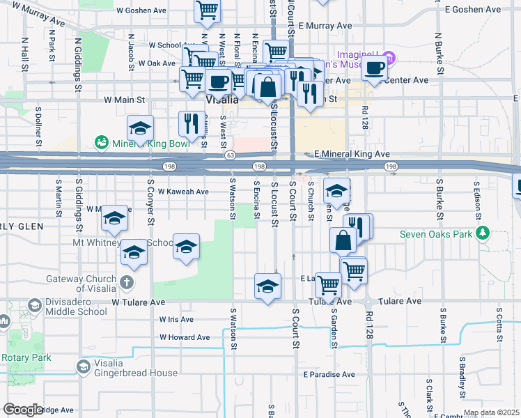 map of restaurants, bars, coffee shops, grocery stores, and more near 600 South Encina Street in Visalia