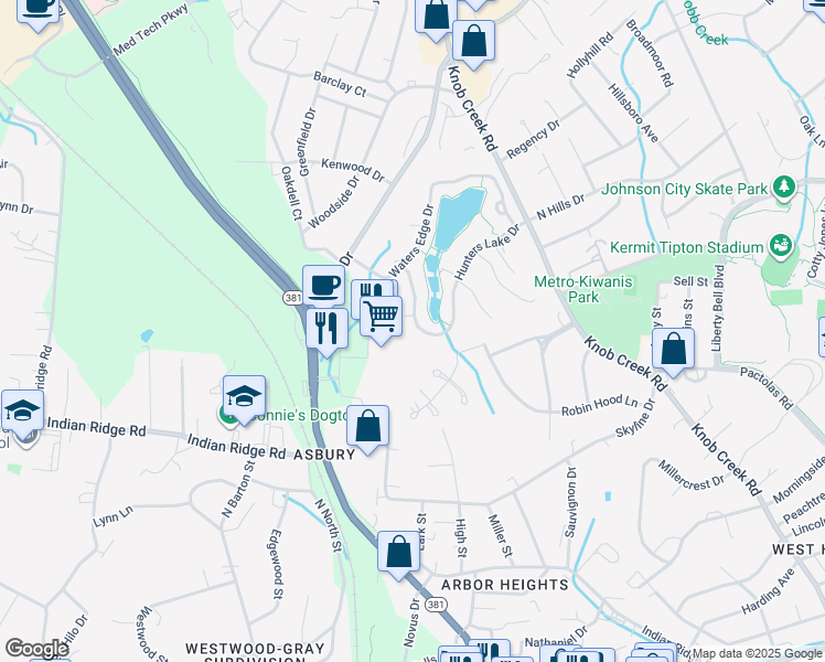 map of restaurants, bars, coffee shops, grocery stores, and more near 3 North Crossbow Lane in Johnson City