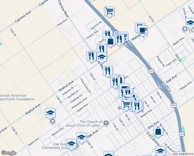 map of restaurants, bars, coffee shops, grocery stores, and more near 923 Walnut Avenue in Greenfield