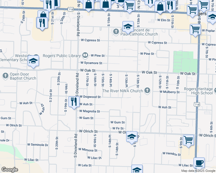 map of restaurants, bars, coffee shops, grocery stores, and more near 914 South 14th Place in Rogers
