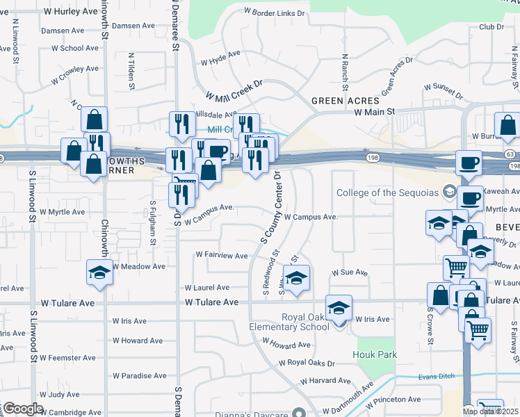 map of restaurants, bars, coffee shops, grocery stores, and more near 3221 West Campus Avenue in Visalia