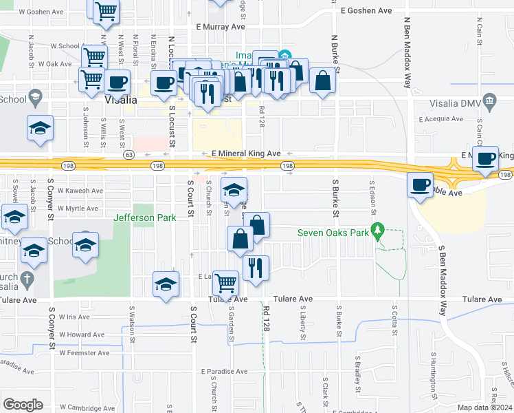 map of restaurants, bars, coffee shops, grocery stores, and more near 621 South Santa Fe Street in Visalia