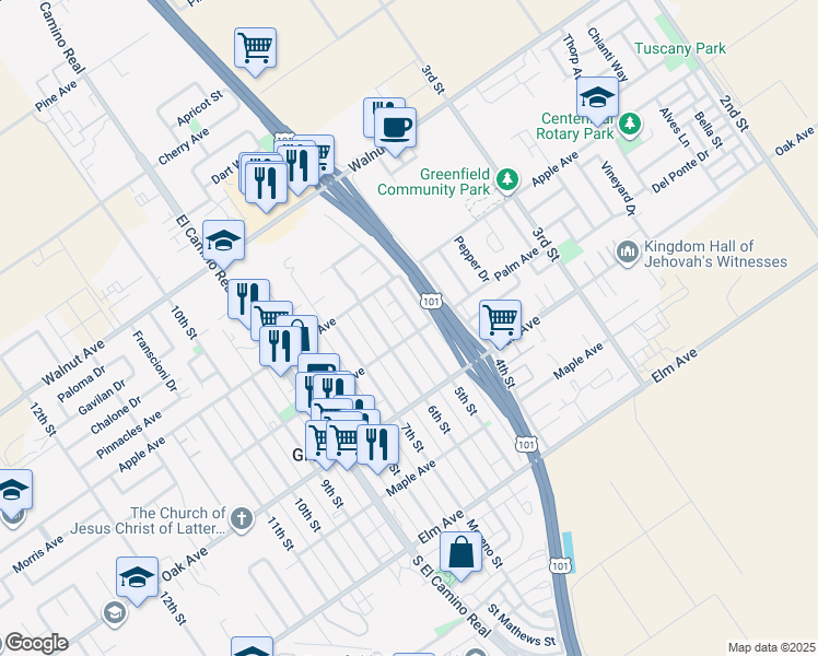 map of restaurants, bars, coffee shops, grocery stores, and more near 310 5th Street in Greenfield