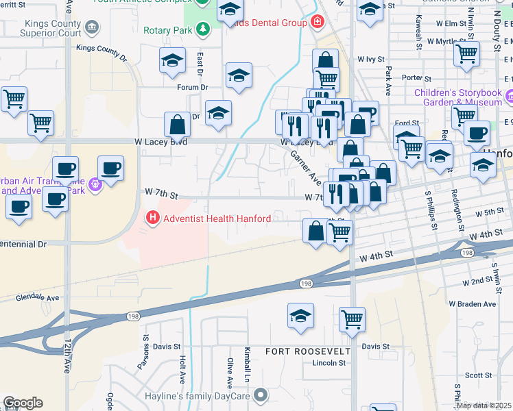 map of restaurants, bars, coffee shops, grocery stores, and more near 1020 West 7th Street in Hanford