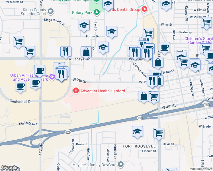 map of restaurants, bars, coffee shops, grocery stores, and more near 1126 West 7th Street in Hanford