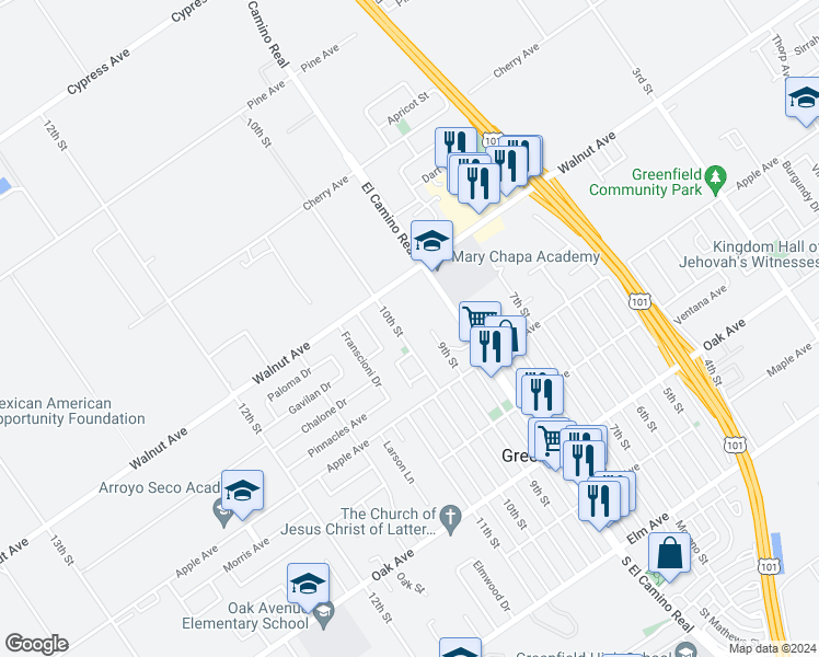 map of restaurants, bars, coffee shops, grocery stores, and more near 923 Walnut Avenue in Greenfield
