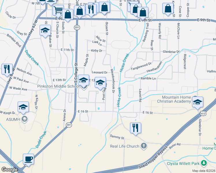 map of restaurants, bars, coffee shops, grocery stores, and more near 704 East 13th Street in Mountain Home