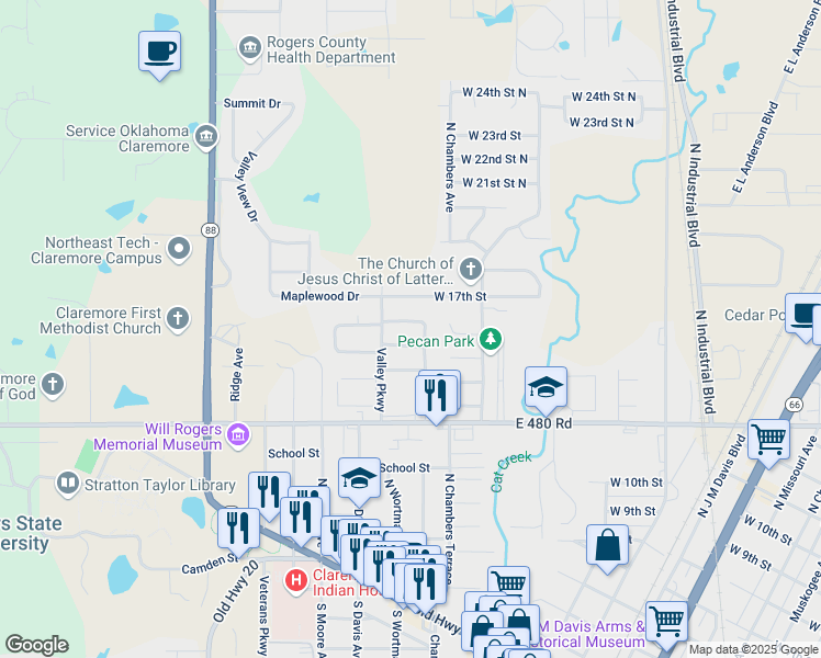 map of restaurants, bars, coffee shops, grocery stores, and more near 1408 Paradise Parkway in Claremore