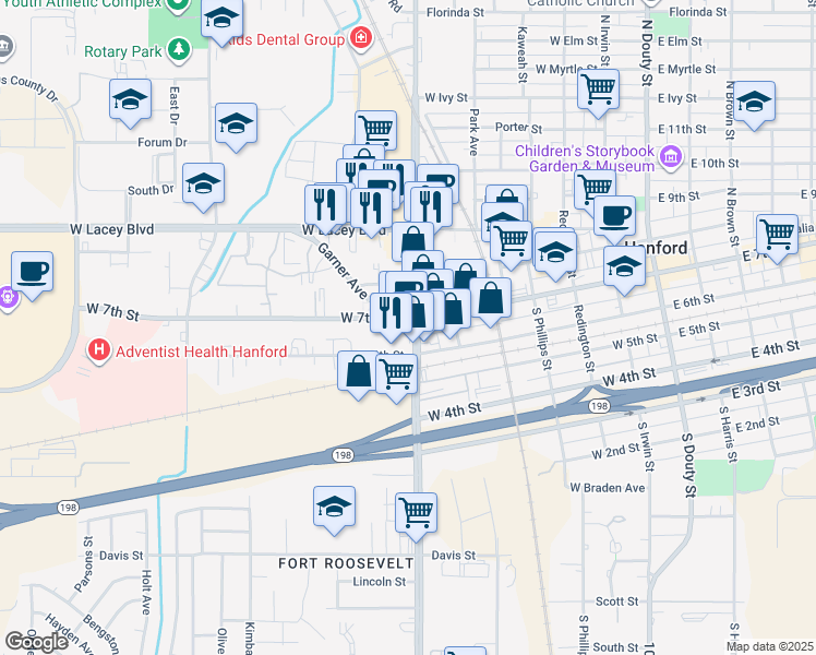 map of restaurants, bars, coffee shops, grocery stores, and more near 211 North 11th Avenue in Hanford