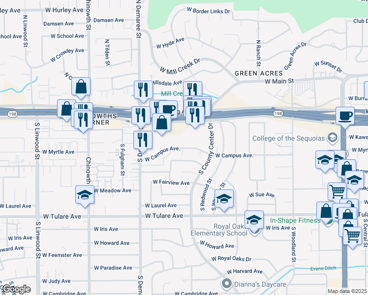 map of restaurants, bars, coffee shops, grocery stores, and more near 3247 West Noble Avenue in Visalia