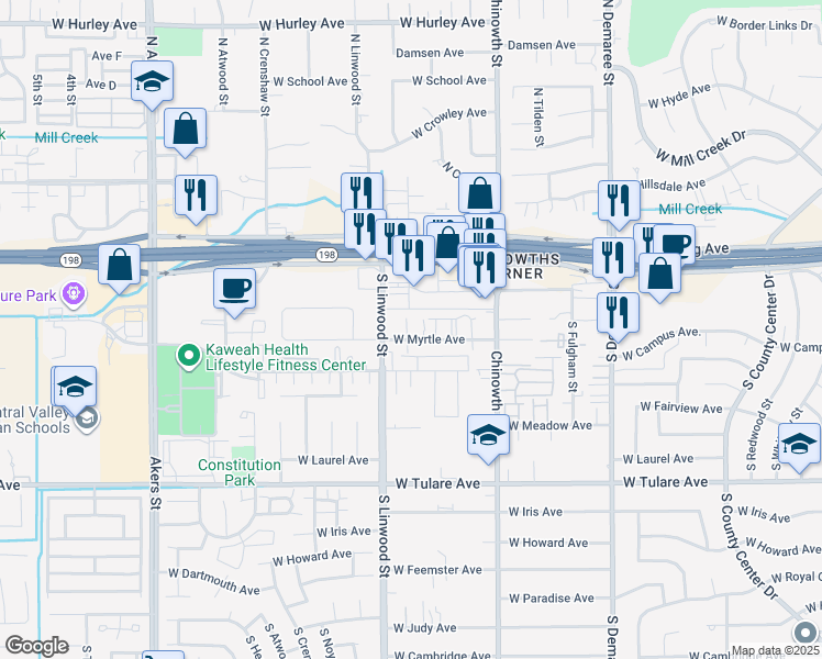 map of restaurants, bars, coffee shops, grocery stores, and more near 606 South Linwood Street in Visalia
