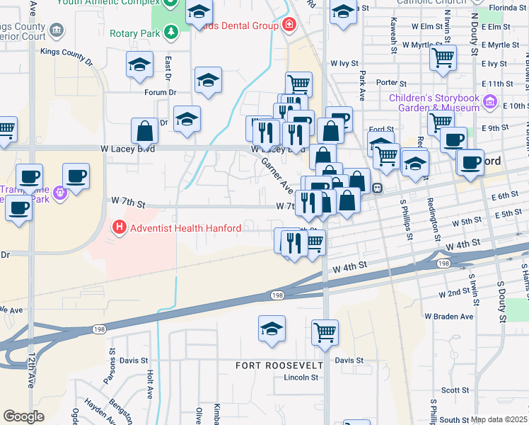 map of restaurants, bars, coffee shops, grocery stores, and more near 1000 West 7th Street in Hanford