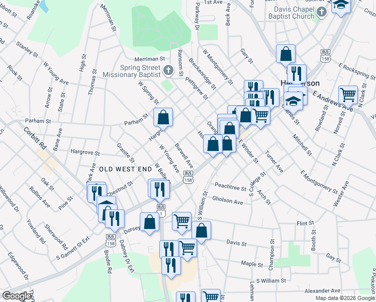 map of restaurants, bars, coffee shops, grocery stores, and more near 146 Burwell Avenue in Henderson