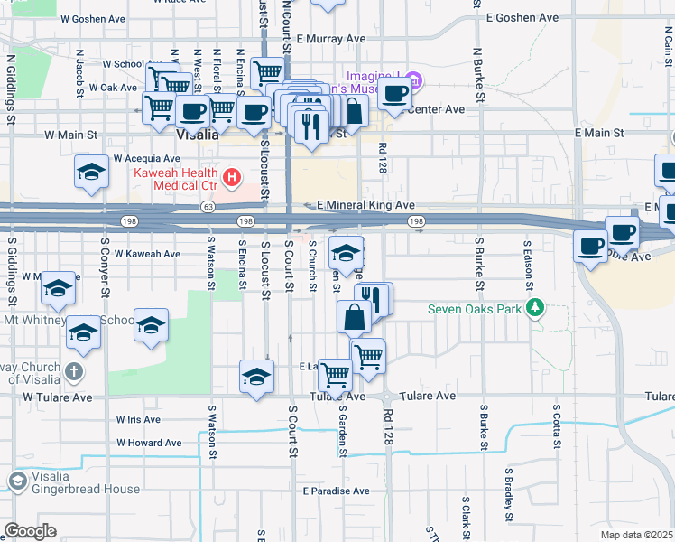 map of restaurants, bars, coffee shops, grocery stores, and more near 500 South Garden Street in Visalia