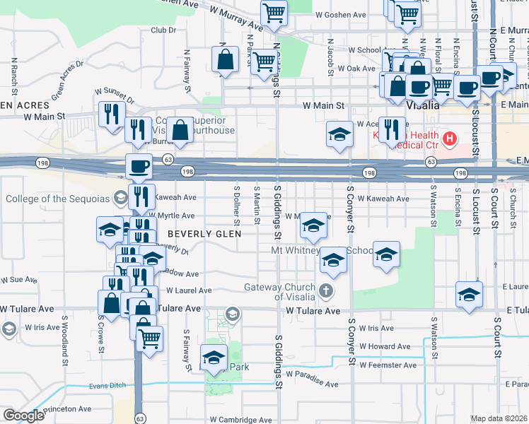 map of restaurants, bars, coffee shops, grocery stores, and more near 1316 West Myrtle Avenue in Visalia